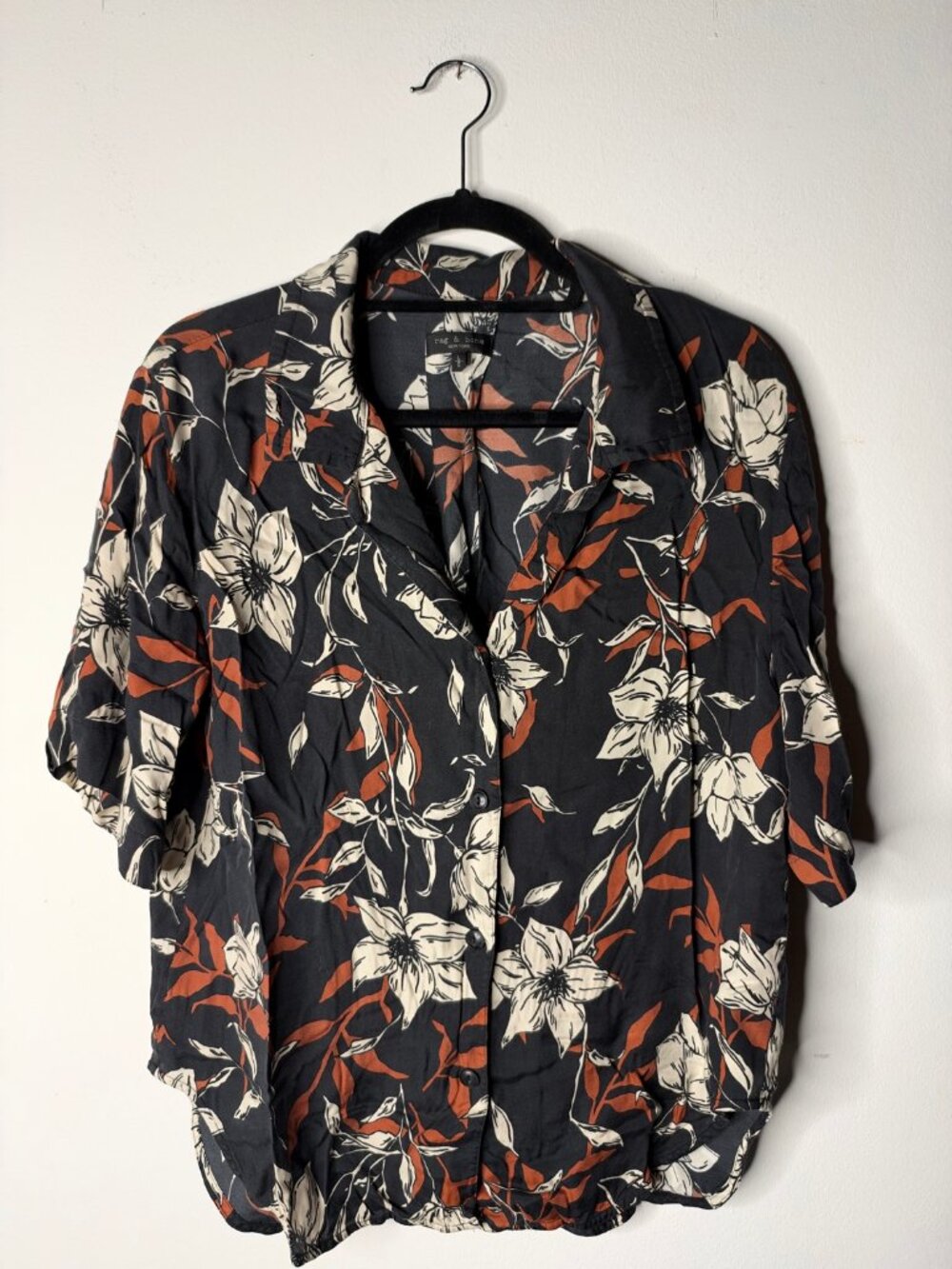rag & bone Mare Floral Silk Blend Shirt Black Cream Rust Size L
